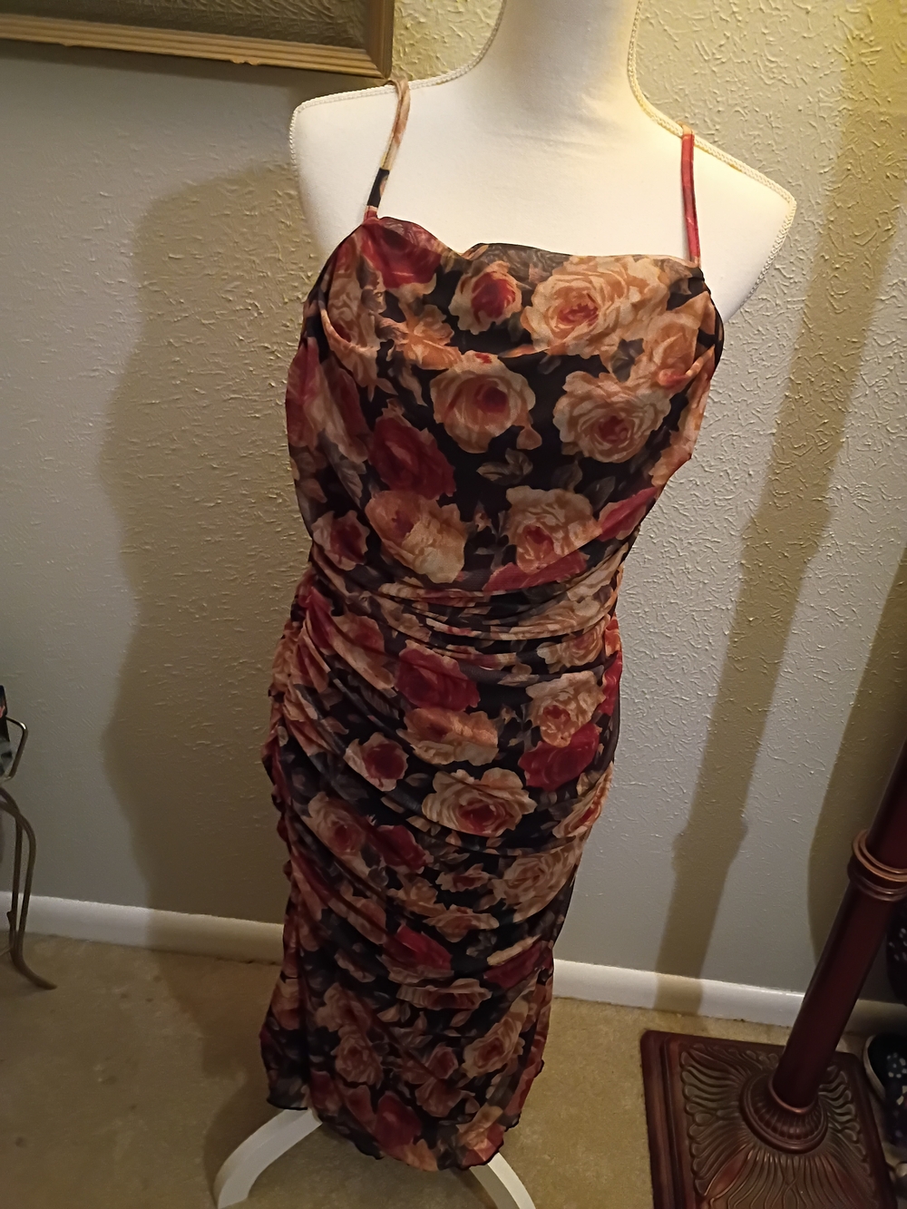 Floral Ruched Spaghetti-Strap Midi Dress in Black and Rose